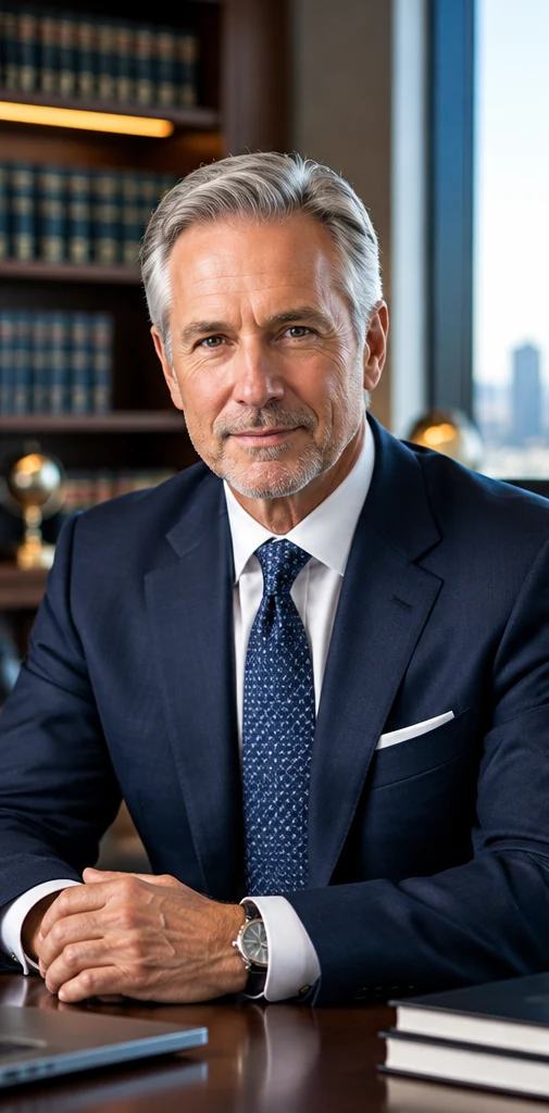 Illustrative portrait of a seasoned attorney in a professional law office