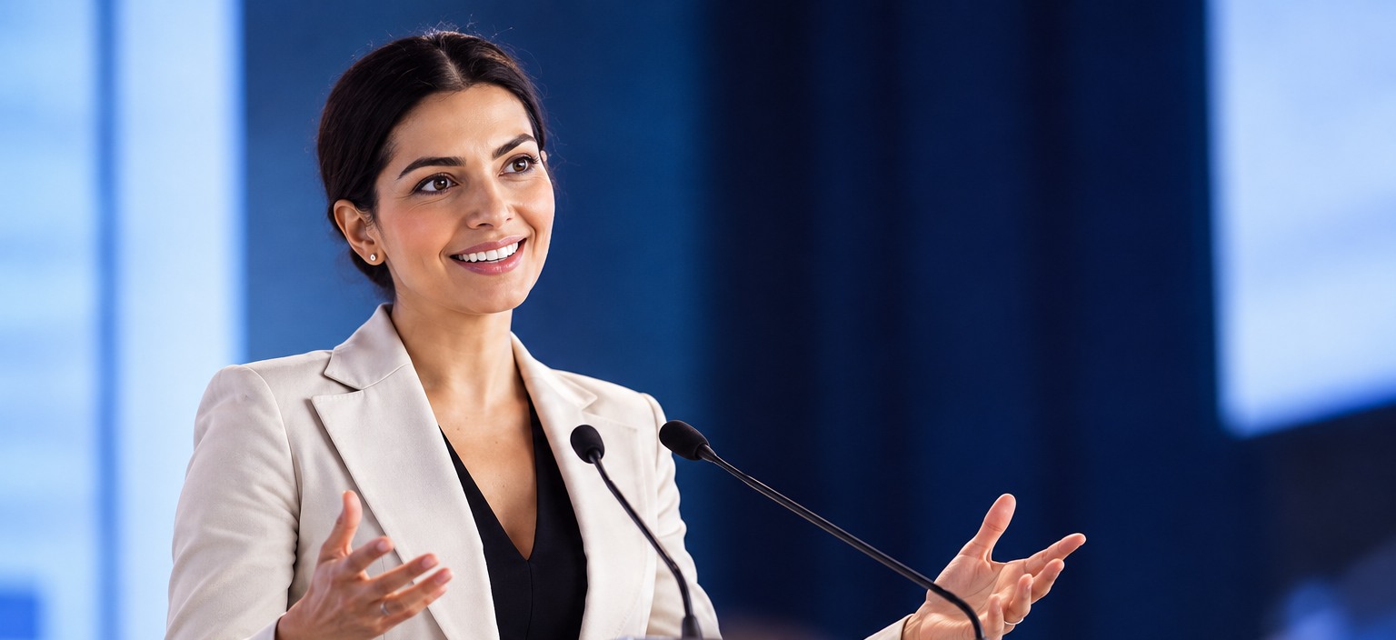 Illustrative keynote speaker with both hands visible, speaking from a lectern